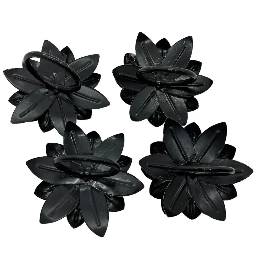 Pier 1 Metal Floral Sunflower Napkin Ring Holders Green w Red Center 3